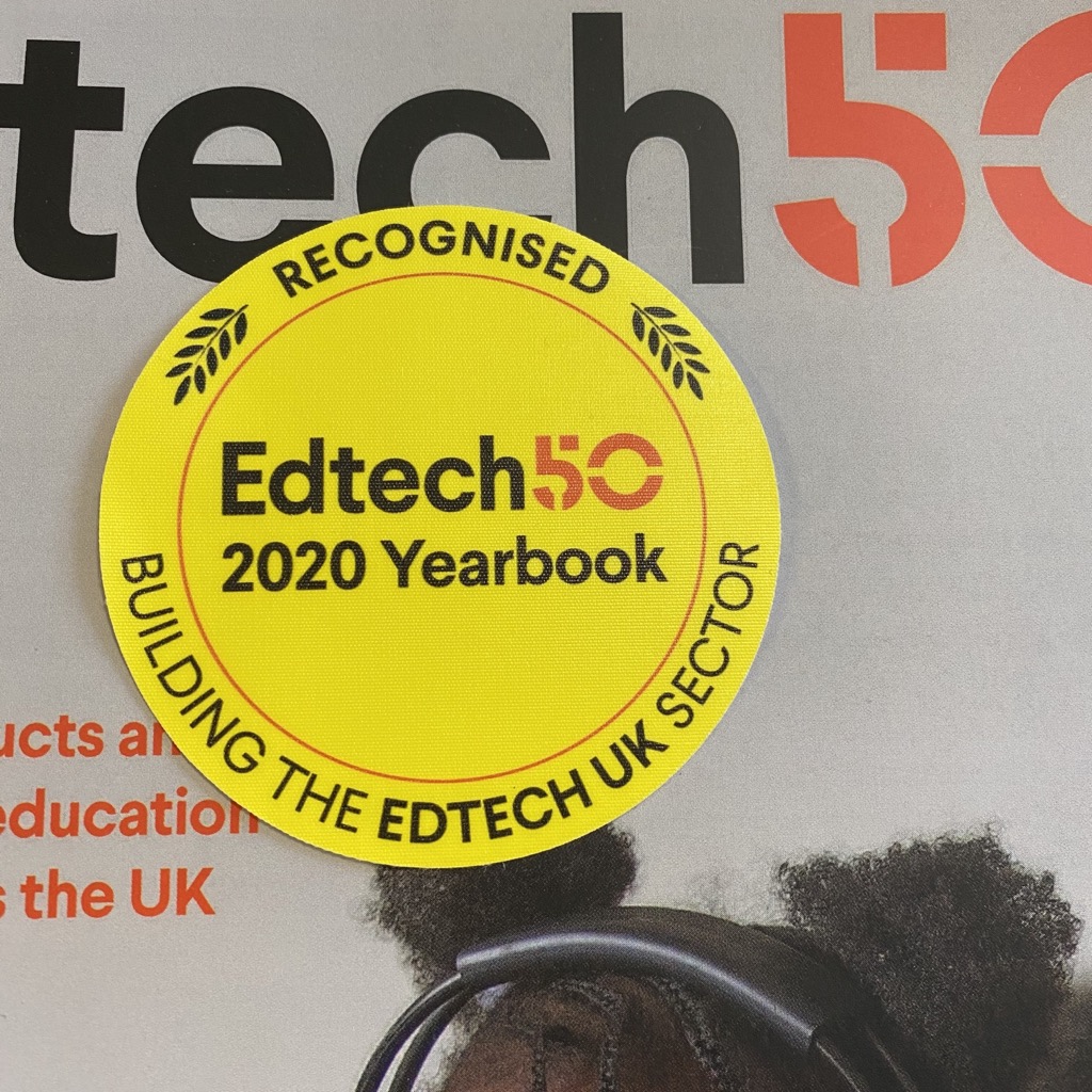 A sticker reading: 'Recognised, Edtech50 2020 Yearbook. Building the edtech UK sector'